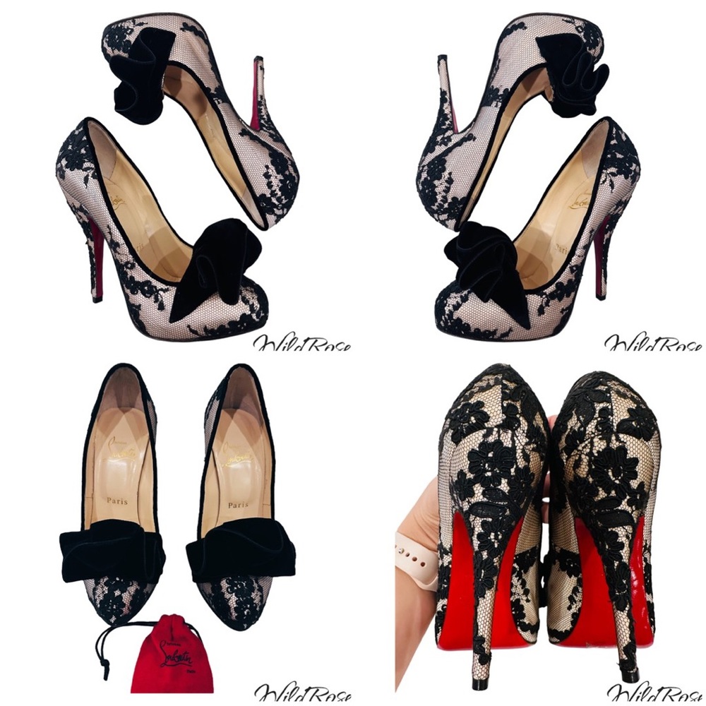 CHRISTIAN LOUBOUTIN “Lady Page” Black Floral Lace &Velvet Nude Heels SZ 36 - Picture 14 of 17